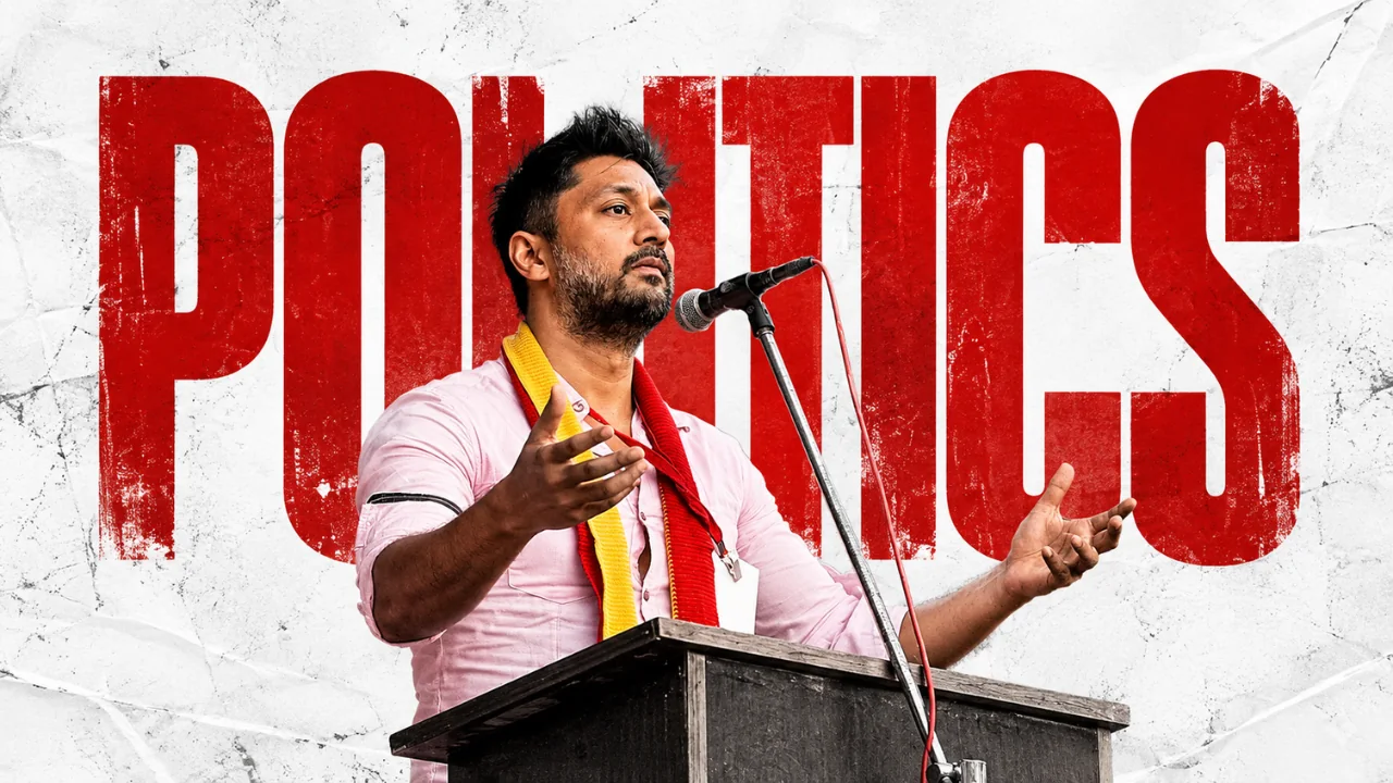 Chetan Ahimsa addressing a crowd from a wooden podium, wearing a red and yellow scarf, in front of the word POLITICS