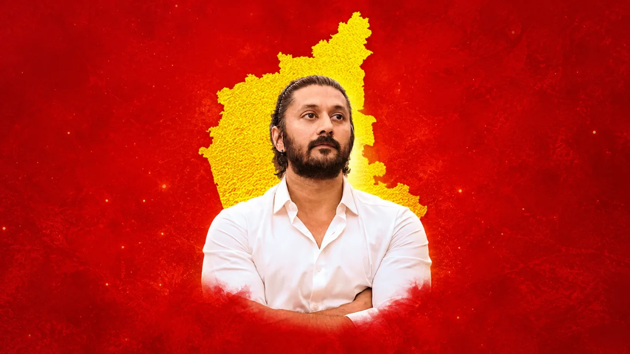 Chetan Ahimsa with arms folded, in front of a golden map of Karnataka on a red background