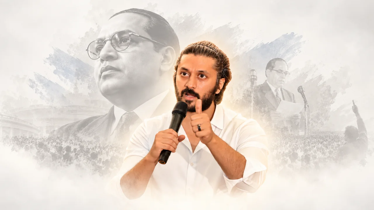 Chetan Ahimsa speaking with a microphone, with archival images of Dr. B. R. Ambedkar and a large gathering behind him